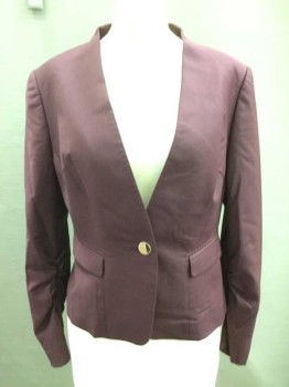 TED BAKER, Maroon Red, Wool, Polyester, Solid, Single Breasted, No Collar/Lapel, 1 Rose Gold Button, 2 Pockets, Ruched Interior Slvs,