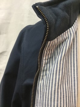 BROOKS BROTHERS, Slate Blue, White, Baby Blue, Cotton, Linen, Solid, Stripes - Vertical , (DOUBLE) Slate Blue, White with Blue Vertical Stripes Lining, Collar Attached with Zipper, Zip Front, 2 Pockets, Long Sleeves, Ribbed Knit Cuffs & Hem
