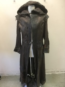 Mens, Historical Fiction Coat, SERJ, Dk Brown, Brown, Gray, Leather, Linen, 42, Made To Order, Linen Hood with Leather Pieces, Patchwork with Hand Sewing Assorted Wool and Leather, 3 Button Front with Loops, 2 Pockets, Skirt Open Center Back for Horseback Riding, Lace on Sleeves,