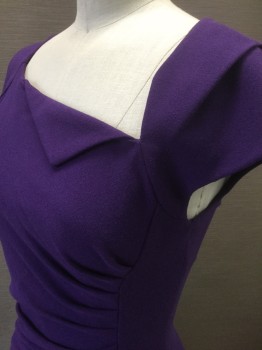 L.K. BENNETT, Purple, Polyester, Viscose, Solid, Crepe, Cap Sleeves, Asymmetric Angled Neckline with Pointed Flap at Front, Ruched at Seam Along Side Front, Knee Length, Invisible Zipper at Center Back