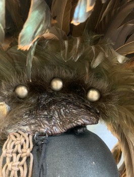 Unisex, Sci-Fi/Fantasy Headpiece, MISS G DESIGNS, Brown, Dk Brown, Feathers, Leather, 'Tina Turner' ish Headpiece, Beyond The Thunderdome, Brown Coque Feathers, Mink Fur, Real Baby Alligator Taxidermy Head, Silver Studs, Leather Crown, Macramé Tassels With Wood Beads And Feathers
