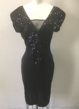 CLIMAX DAVID HOWARD, Black, Polyester, Sequins, Solid, Stretch Material, Black Sequinned Triangular Panel at Front, Heavily Padded Shoulders, Sleeveless, V-neck with Fishnet Panel, Center Front Zipper, Knee Length, Form Fitting, Club Dress/ Clubwear,