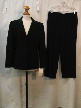 TAHARI, Black, Synthetic, Solid, Black, Notched Lapel, Collar Attached, 2 Buttons,  Leather Trim,