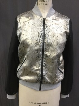 FBSISTER, Gold, Silver, Black, Gray, Polyester, Cotton, Reptile/Snakeskin, Color Blocking, Bomber, Zip Front, Gray Heather Rib Knit Collar/Cuff/Waistband, Pleather Sleeves, 2 Pockets,