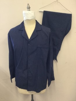 STAFFORD, Navy Blue, White, Lt Blue, Cotton, Polyester, Grid , Pajama Top, Button Front, Collar Attached, Notched Lapel, Navy Piping, Long Sleeves, 1 Pocket