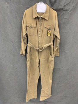 JFF, Khaki Brown, Cotton, Solid, Zip Front, Collar Attached, Long Sleeves, 6+ Pockets, Ferrari Patch on Left Chest Pocket, Self Buckle Belt Attached at Back