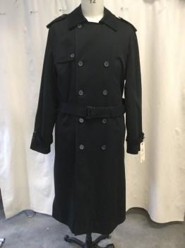 N/L, Black, Polyester, Cotton, Solid, Double-breasted closure, Spread Collar, 2 Side Entry Pockets, Long Sleeves, Epaulets,Front Right Gun Flap, Back Rain Flap, Back Vent,  Belted Cuffs, Belted Waist, Below the Knee Length *Missing Liner*