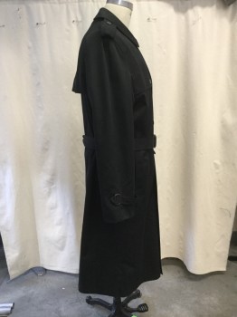 N/L, Black, Polyester, Cotton, Solid, Double-breasted closure, Spread Collar, 2 Side Entry Pockets, Long Sleeves, Epaulets,Front Right Gun Flap, Back Rain Flap, Back Vent,  Belted Cuffs, Belted Waist, Below the Knee Length *Missing Liner*