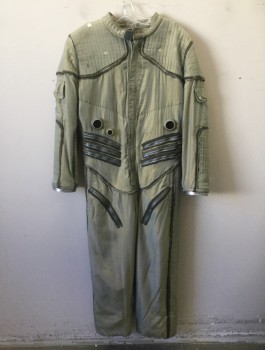 Unisex, Sci-Fi/Fantasy Jumpsuit, N/L MTO, Gray, Warm Gray, Dk Gray, Nylon, Plastic, Solid, 40, Astronaut Suit, Aged Light Gray Nylon, Long Sleeves, Zip Front, Band Collar, Various Zippers, Plastic Connector Knobs, Pockets, and Quilted Panels Throughout, Made To Order