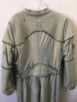 Unisex, Sci-Fi/Fantasy Jumpsuit, N/L MTO, Gray, Warm Gray, Dk Gray, Nylon, Plastic, Solid, 40, Astronaut Suit, Aged Light Gray Nylon, Long Sleeves, Zip Front, Band Collar, Various Zippers, Plastic Connector Knobs, Pockets, and Quilted Panels Throughout, Made To Order