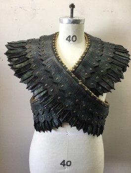 Mens, Breastplate, MTO, Black, Iridescent Green, Gold, Brass Metallic, Leather, Metallic/Metal, Mottled, Reptile/Snakeskin, C40/42, L, Egyptian Influenced Muscled Male Sentry, Laboriously Crafted Layers of Leather, Beautifully Made, Looks Like Feathers, Hook and Eyes Close at Back Neck, Multiples