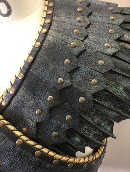 Mens, Breastplate, MTO, Black, Iridescent Green, Gold, Brass Metallic, Leather, Metallic/Metal, Mottled, Reptile/Snakeskin, C40/42, L, Egyptian Influenced Muscled Male Sentry, Laboriously Crafted Layers of Leather, Beautifully Made, Looks Like Feathers, Hook and Eyes Close at Back Neck, Multiples