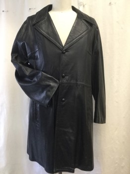 Mens, Leather Jacket, N/L, Black, Leather, Solid, 52, Collar Attached, Notched Lapel, Long Sleeves, Single Breasted, 3 Shank Buttons, 2 Vertical Pockets with Flaps, Welted Seam Details Front and Back, C/B Kick Pleat, Car Coat Length, **Slight Abrasion on Left Back Shoulder Area**