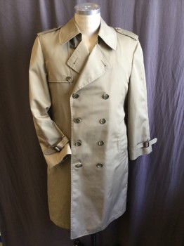 LONDON FOG, Khaki Brown, Dk Brown, Polyester, Cotton, Solid, 3/4 Length, Collar Attached, Double Breasted, 9 Button Front, 1 Flap with 1 Button on Right Shoulder & 1 Flap Back,  Epaulettes, Long Sleeves with Short Belt & Dark Brown Leather Rectangle Buckle, Self DETACHABLE Belt with Matching Dark Brown Leather Rectangle Buckle, DETACHABLE Dark Brown Sheep Fur Lining, 3 1 Split Center Back Hem