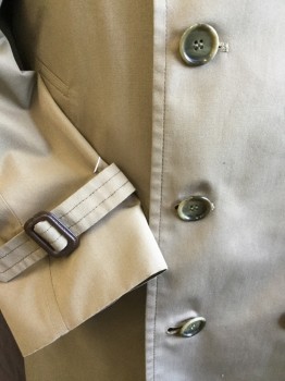 LONDON FOG, Khaki Brown, Dk Brown, Polyester, Cotton, Solid, 3/4 Length, Collar Attached, Double Breasted, 9 Button Front, 1 Flap with 1 Button on Right Shoulder & 1 Flap Back,  Epaulettes, Long Sleeves with Short Belt & Dark Brown Leather Rectangle Buckle, Self DETACHABLE Belt with Matching Dark Brown Leather Rectangle Buckle, DETACHABLE Dark Brown Sheep Fur Lining, 3 1 Split Center Back Hem