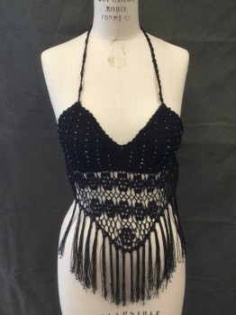 LAPIS, Black, Polyester, Solid, Black Crochet Knit Halter with Facetted Multicolor Beads, Padded Cups, Tie Neck and Back, Open Crochet Waist with Fringe