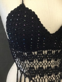 LAPIS, Black, Polyester, Solid, Black Crochet Knit Halter with Facetted Multicolor Beads, Padded Cups, Tie Neck and Back, Open Crochet Waist with Fringe
