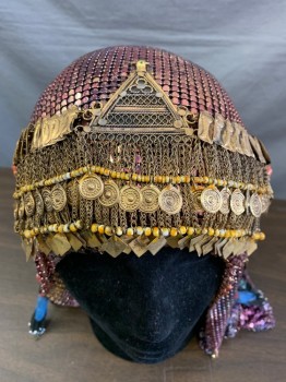 Womens, Historical Fiction Hat, MTO, Multi-color, Gold, Brass Metallic, Metallic/Metal, Rainbow Colored Mesh, Long on Sides, Based on Felt Hat, Fantasy