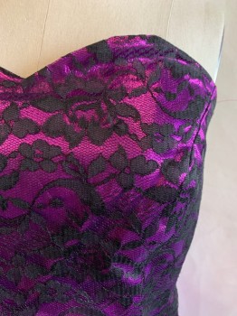 Womens, Cocktail Dress, N/L, Iridescent Purple, Black, Synthetic, Floral, Solid, W26, B32, Sweetheart Neck, Black Floral Lace Bust, Pleated Skirt, Zip Back