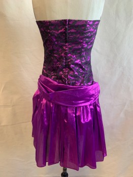 N/L, Iridescent Purple, Black, Synthetic, Floral, Solid, Sweetheart Neck, Black Floral Lace Bust, Pleated Skirt, Zip Back