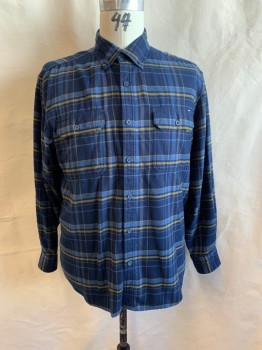WOLVERINE, Navy Blue, Lt Blue, Yellow, Polyester, Rayon, Plaid, Collar Attached, Button Front, Long Sleeves, 2 Pocket