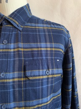 Mens, Casual Shirt, WOLVERINE, Navy Blue, Lt Blue, Yellow, Polyester, Rayon, Plaid, XL, Collar Attached, Button Front, Long Sleeves, 2 Pocket