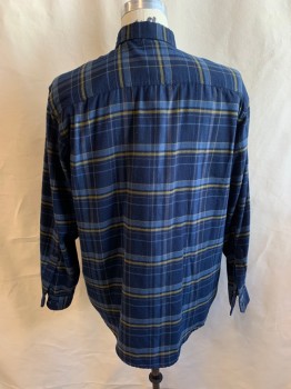 Mens, Casual Shirt, WOLVERINE, Navy Blue, Lt Blue, Yellow, Polyester, Rayon, Plaid, XL, Collar Attached, Button Front, Long Sleeves, 2 Pocket