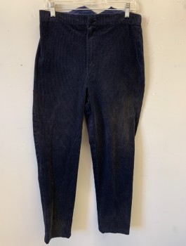 Mens, Historical Fiction Pants, N/L MTO, Navy Blue, Cotton, Solid, Ins:30, W:31, Corduroy, Flat Front, Zip Fly, Lace Up Panel at Back Waist, Suspender Buttons at Inside Waist, Made To Order 1800's Victorian