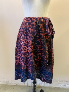 Womens, Skirt, Knee Length, MAEVE, Navy Blue, Coral Pink, Red, Black, Polyester, Spandex, Abstract , Floral, S, Jersey Knit, 1" Wide Elastic Waist, Faux Wrapped Look with Curved Tulip Hem, Higher in Front Than Back, Self Ties at Side Front of Waist