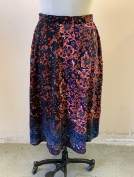 MAEVE, Navy Blue, Coral Pink, Red, Black, Polyester, Spandex, Abstract , Floral, Jersey Knit, 1" Wide Elastic Waist, Faux Wrapped Look with Curved Tulip Hem, Higher in Front Than Back, Self Ties at Side Front of Waist