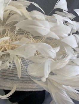 Womens, Hat , KOKIN, White, Horsehair, Feathers, Sheer Horsehair, Flat Crown, Brim Covered in White Goose Feathers with Full Ends and Long Stems