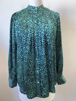 EQUIPMENT, Green, Black, Silk, Animal Print, Leopard Print, Collar Attached, Button Front, Pleated Front & Back, Long Sleeves