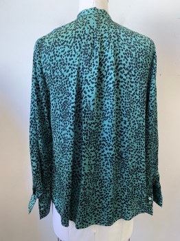 EQUIPMENT, Green, Black, Silk, Animal Print, Leopard Print, Collar Attached, Button Front, Pleated Front & Back, Long Sleeves