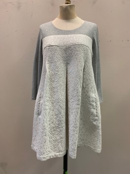 Womens, Dress, Long & 3/4 Sleeve, CHRISTOPHER DEANE, Silver, White, Heather Gray, Cotton, Polyester, Abstract , 4, White/Silver Abstract Teardrop Shape Dress, Empire Waist, Drop Inverted Pleats, Scoop Neck, Heather Gray/Silver Stripe Knit Yoke/Sleeves, 2 Pockets with Loop Detail