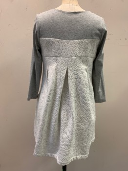 CHRISTOPHER DEANE, Silver, White, Heather Gray, Cotton, Polyester, Abstract , White/Silver Abstract Teardrop Shape Dress, Empire Waist, Drop Inverted Pleats, Scoop Neck, Heather Gray/Silver Stripe Knit Yoke/Sleeves, 2 Pockets with Loop Detail