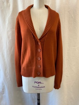 Womens, Sweater, GLAMOUR KNIT, Burnt Orange, Acrylic, B: 36, V-neck, Shawl Lapel, Single Breasted, Button Front, 5 Buttons, Rib Knit Waist, Cuffs, & Collar