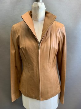 Womens, Leather Jacket, COLE HAAN, Tan Brown, Leather, Solid, 6, Zip Front, Princess Seams, 2 Pockets, Stand Collar