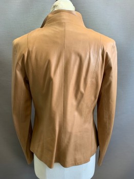 Womens, Leather Jacket, COLE HAAN, Tan Brown, Leather, Solid, 6, Zip Front, Princess Seams, 2 Pockets, Stand Collar