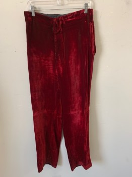 Mens, Historical Fiction Piece 3, MTO, Iridescent Red, Synthetic, Solid, 32/32, Velvet Pants, Flat Front, Btn Fly, 2 Pckts, Interior Suspender Btns, *Small Holes and Tears*