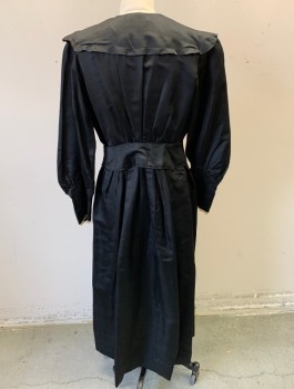 Womens, Dress 1890s-1910s, N/L, Black, Silk, Solid, W:27, B:36, Satin, Long Sleeves, Modesty Panel at Chest with Cream Delicate Lace, Same Lace Trim is at Cuffs, Attached Self 2" Wide Belt at Waist, Floor Length, Fabric in Delicate Condition - Mended Throughout,
