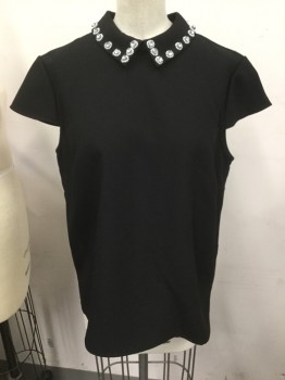 TED BAKER, Black, Polyester, Solid, Pointy Peter Pan Collar, Cap Sleeves, Rhinestone & Pearls on Collar, Back Closure