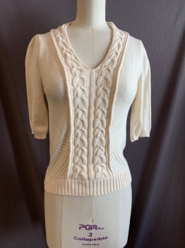 MOTH, Cream, Cotton, Nylon, Solid, Cable Knit, V-neck, Short Sleeves, Cable knit Down Front