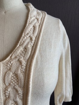 MOTH, Cream, Cotton, Nylon, Solid, Cable Knit, V-neck, Short Sleeves, Cable knit Down Front