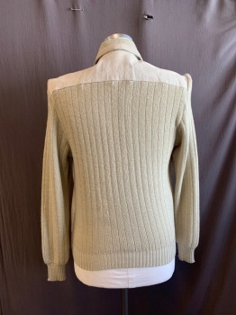 Mens, Sweater, WINDBREAKER, Oatmeal Brown, Suede, Acrylic, Solid, Stripes, L, CARDIGAN, C.A., Zip Front, 2 Pockets, Knit Collar, Back, and Sleeves *Small Stain on Left Chest*