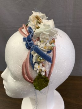 Womens, Hat, N/L, Mauve Pink, White, Silk, Wired Headband with Satin Covered Loops, 3 Dimensional Flowers, Blue Velvet Bow, Attached Blue Netting (Poor Condition), Green Plastic-y Leaves, Overall Fair Condition