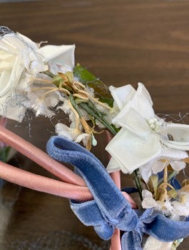 Womens, Hat, N/L, Mauve Pink, White, Silk, Wired Headband with Satin Covered Loops, 3 Dimensional Flowers, Blue Velvet Bow, Attached Blue Netting (Poor Condition), Green Plastic-y Leaves, Overall Fair Condition