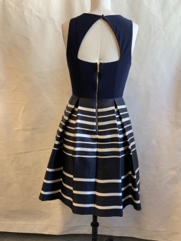 ELIZA J., Navy Blue, White, Rayon, Polyester, Solid, Stripes, Solid Navy Knit Top, Back Zip, Button Back Top with Open Back, Navy/White Stripe Box Pleat Skirt