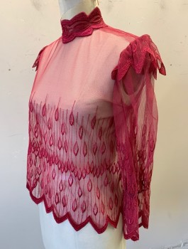 N/L, Cranberry Red, Synthetic, Solid, Sheer Net with Self Embroidered Tear Drops (Feathers?) and Scallopped Edges, 3/4 Sleeves, Victorian Inspired High Collar and Puffy Sleeves with Scallopped Cap at Shoulders, Open Back with Hook & Eyes