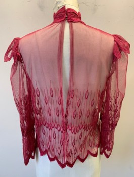 N/L, Cranberry Red, Synthetic, Solid, Sheer Net with Self Embroidered Tear Drops (Feathers?) and Scallopped Edges, 3/4 Sleeves, Victorian Inspired High Collar and Puffy Sleeves with Scallopped Cap at Shoulders, Open Back with Hook & Eyes