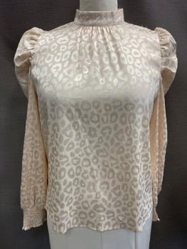 JEALOUS TOMATO, Eggshell White, Champagne, Polyester, Spandex, Animal Print, L/S, Collar Band, Puffed Sleeves, Scrunched Cuffs, Roche Center Front, 2 CB Buttons Leopard Print